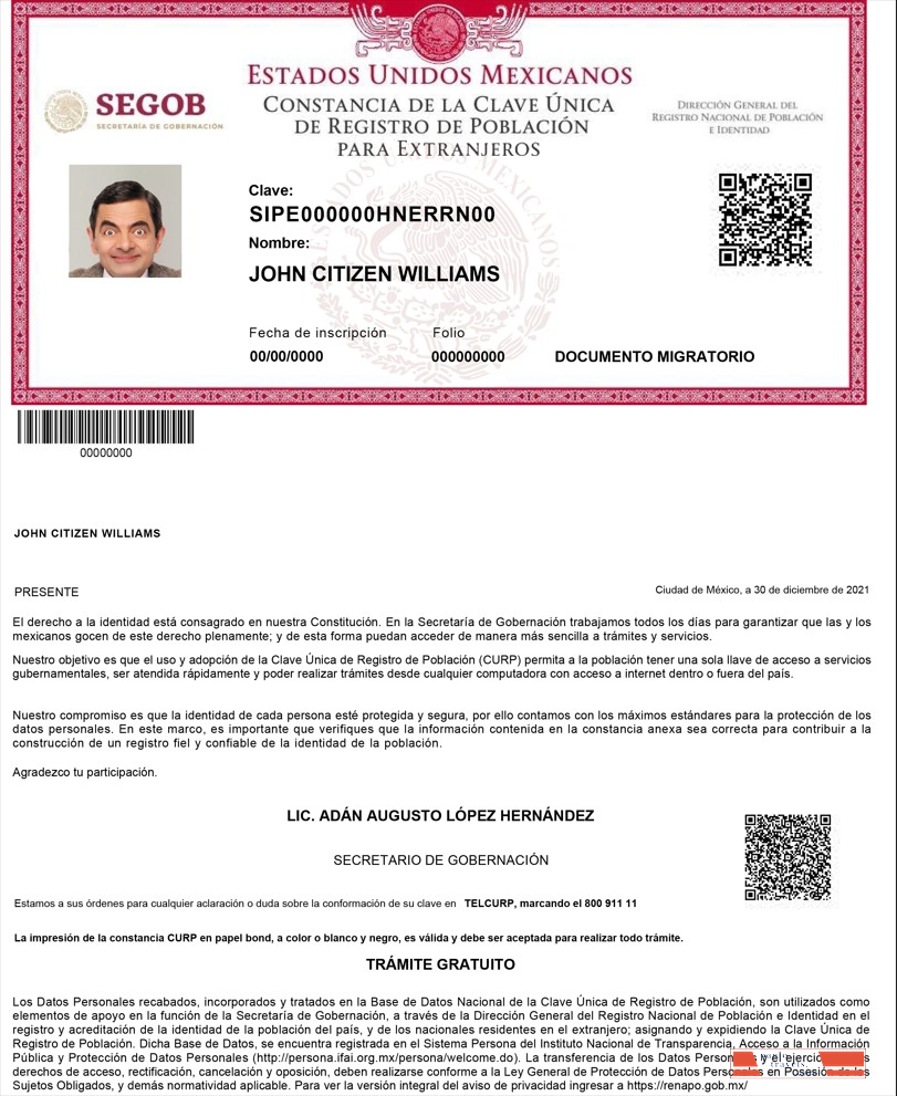 Mexico Registro de Poblacion de Mexico (CURP number)